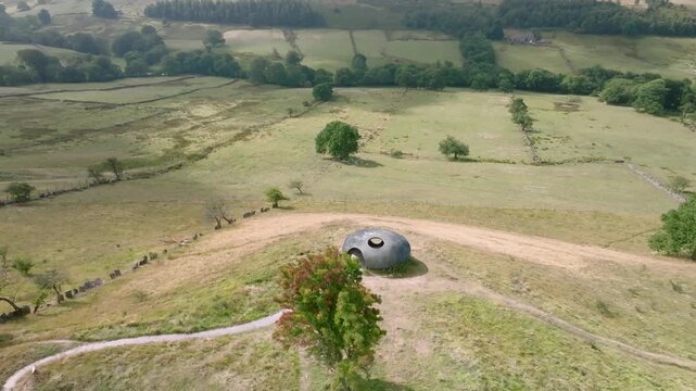 The Atom Panopticon, Wycoller, Pendle, Lancashire, UK. View From Above With Slow Orbit As Cloud Shadows Move Across Valley.