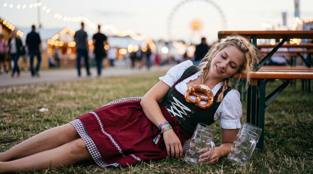 Young woman in traditional Bavarian dress resting with pretzel and empty beer mugs at Oktoberfest fairground