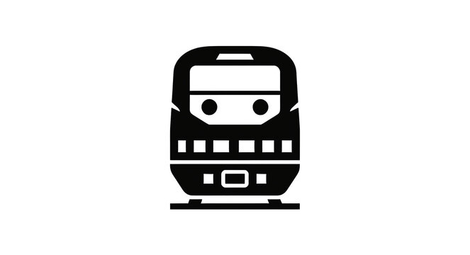 Flat black pictogram of a modern passenger train viewed from the front