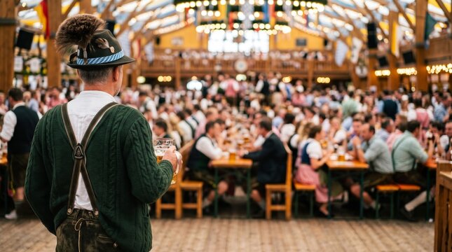 Bavarian man in traditional attire holding beer inside a crowded Oktoberfest tent with festive lights