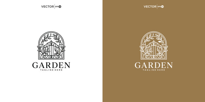 Garden gates botanical logo design vector illustration with botanical
