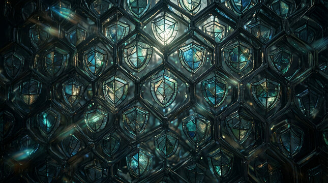 Honeycomb lattice structure featuring interconnected glass shields arranged in a dark abstract geometric pattern