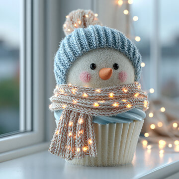 Festive snowman cupcake decorated with knitted winter hat and scarf