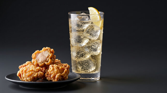 黒背景にレモンを添えたハイボールとサクサクの鶏唐揚げ