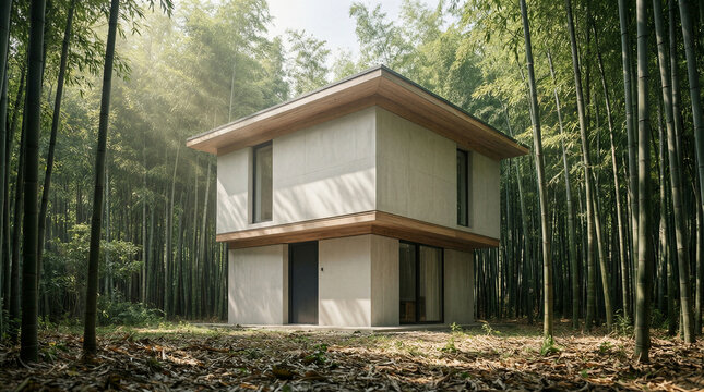 Serene bamboo grove surrounding a minimalist two story residence with cubic volumes and cedar soffits