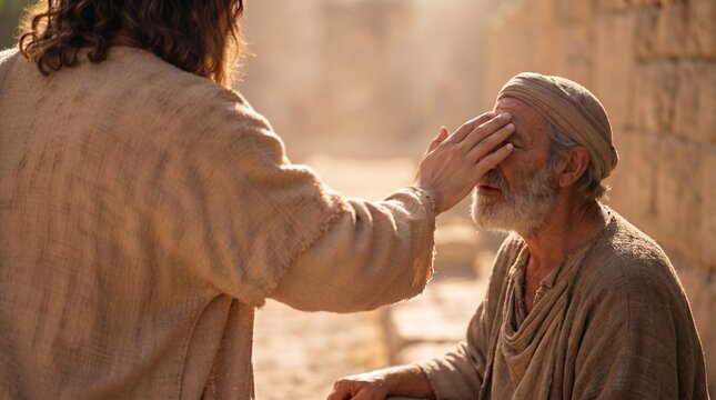 Jesus healing an elderly blind man in an ancient street