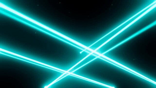 Glowing cyan light lines intersect in abstract dark space with scattered particles