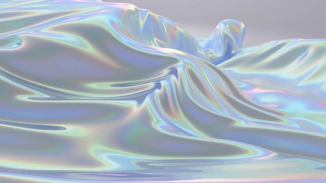 Iridescent pastel abstract wave surface with layered contours on a soft gray background