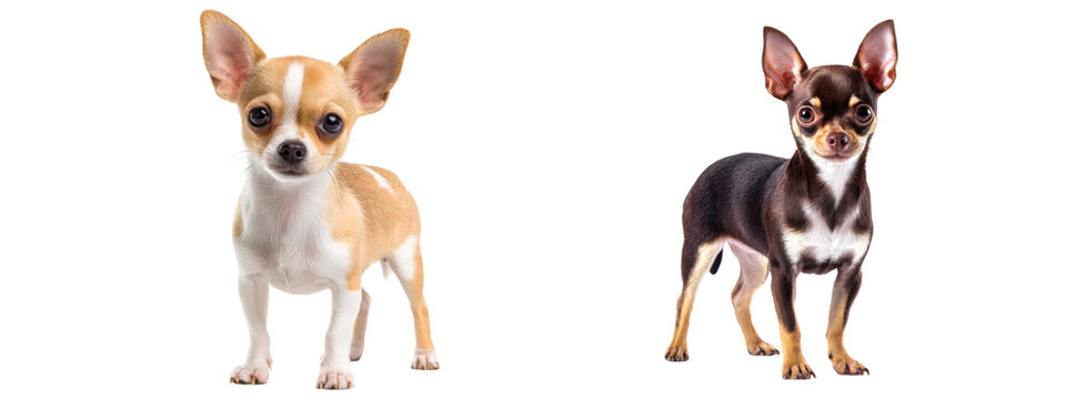 Two small Chihuahua dogs stood alone side by side, gazing straight ahead onto a transparent floor.