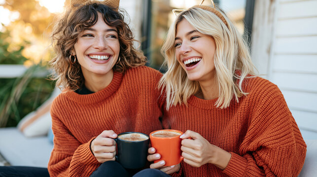 Two Laughing Female Friends in Orange Sweaters Holding Coffee Mugs Outdoors