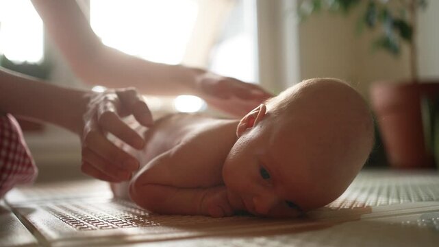 Adorable newborn baby boy with blue eyes learning to lift his head during tummy time on a mat, while his caring mother helps with a gentle back massage for muscle development