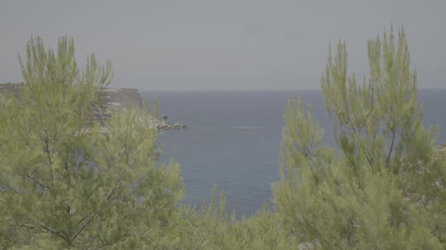 A beautiful wide shot capturing the serene coastal view near Portinatx Torre in Ibiza Spain smooth motion stunning visuals cinematic quality captivating scenes