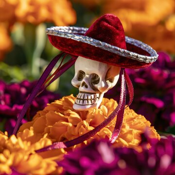 Marigolds and a skull with a sombrero decorate a grave during the Day of the Dead celebration