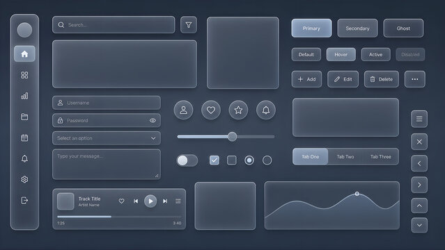 Frosted Glass UI UX Kit Glassmorphism Dark Mode Web App Dashboard Wireframe Components and Translucent Interface Widgets