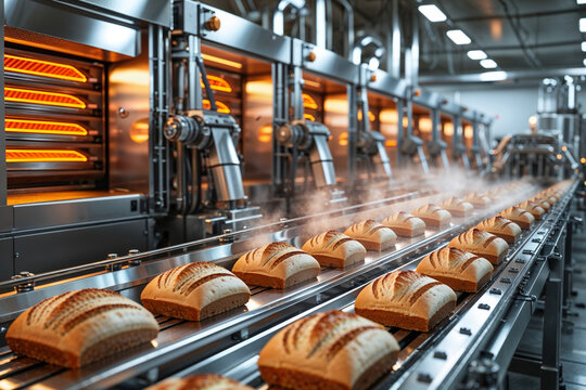 Automated bread production line with loaves moving through industrial ovens