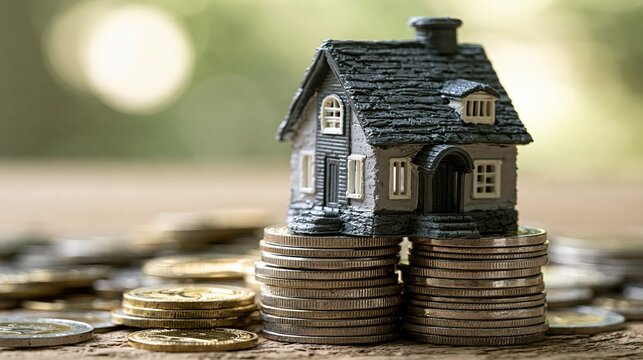Miniature house rests atop stacks of coins, symbolizing financial investment in property.