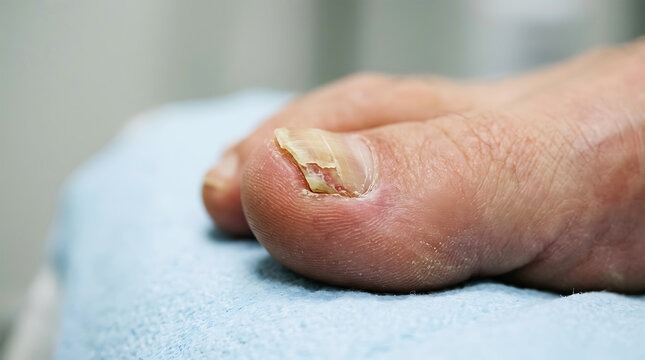 Damaged human toenail with discoloration on foot