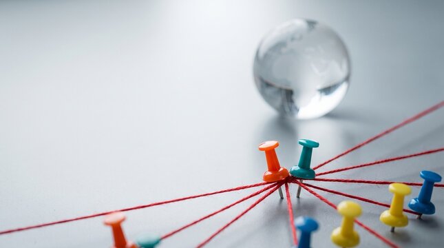 Pushpins connected with red strings near glass globe on gray background