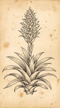 Vintage botanical illustration of a blooming pineapple plant on aged parchment paper
