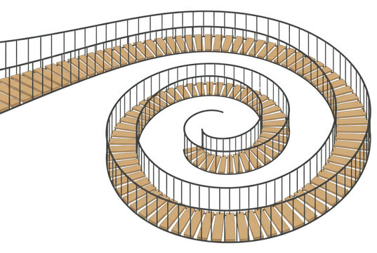 Passerelle en spirale en bois avec garde-corps m&eacute;tallique isol&eacute;e sur fond blanc, concept de cheminement et d'architecture moderne.