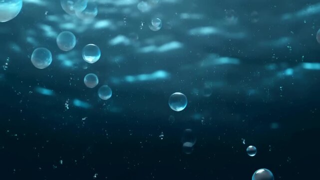 Air bubbles rising through deep blue water with suspended particles and soft light