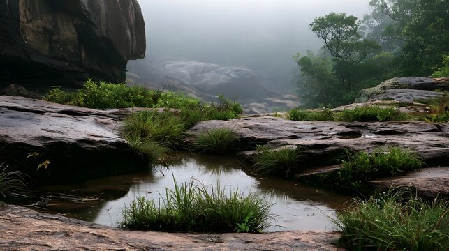 A misty forest scene with a shallow pool of water nestled among mossy granite rocks and green vegetation