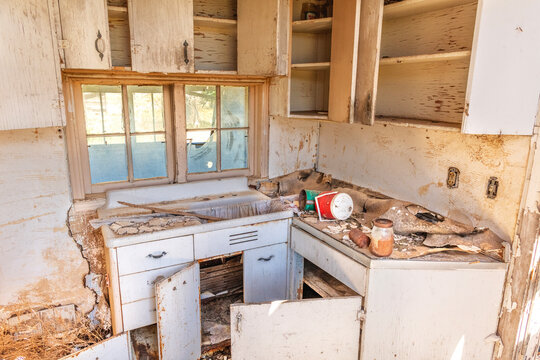 Kitchen interior of abandoned home on the Great Plains in America