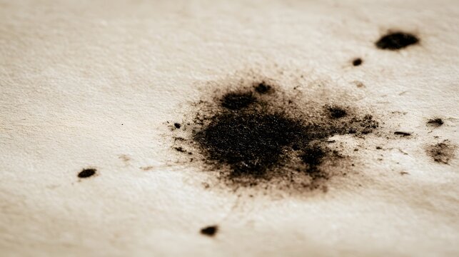 Close up of dark charcoal stains on textured beige paper surface  showing organic spread and fine particulate detail