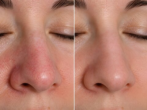Before and after broken capillaries removal on nose BBL laser treatment