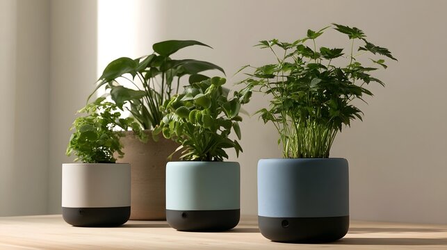 Three potted green plants with modern ceramic containers arranged on a wooden surface near a window with soft natural light