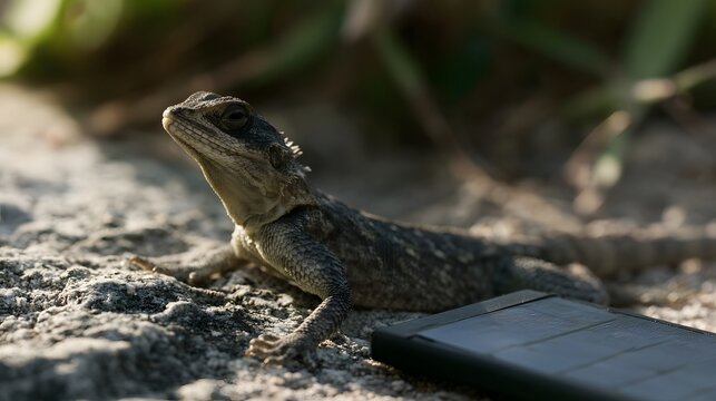 A lizard basks on sunlit rock beside a small solar panel  blending natural texture with modern technology in a quiet outdoor setting