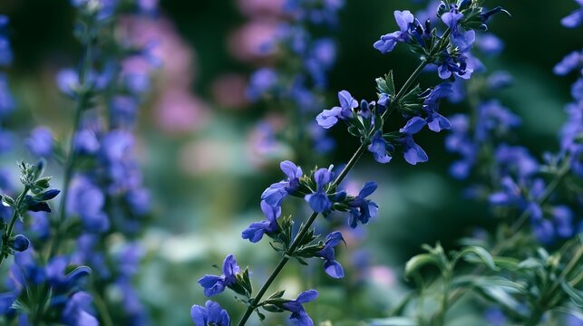 A close up of blue sage flowers with soft focus background and natural greenery in a garden setting