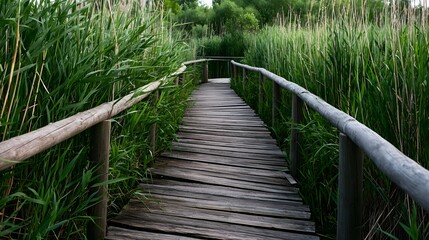 Obraz premium A weathered wooden boardwalk winds through tall green reeds in a serene wetland environment under soft natural lighting