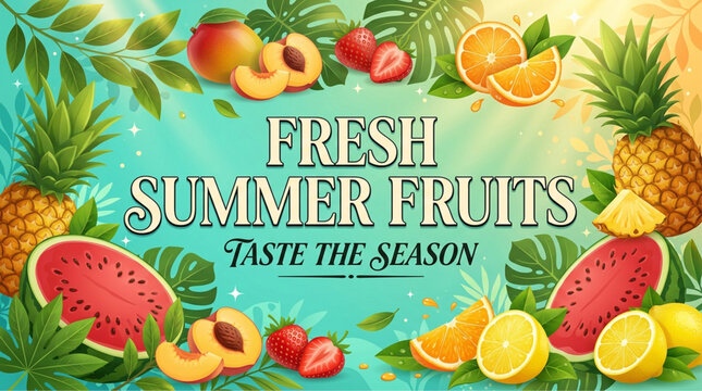 Fresh summer fruits banner with tropical leaves, colorful fruit border on turquoise background, seasonal food vector illustration