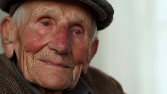 Elderly man smiling in flat cap and coat during closeup portrait against bright background