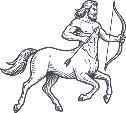 dynamic black centaur archer drawing in woodcut style, a mythical sagittarius creature holding bow and arrow, perfect for astrology and fantasy designs, no white fills within the vector paths