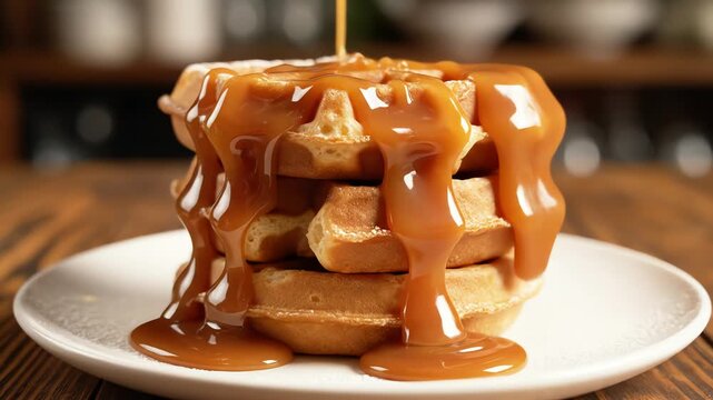 Thick caramel sauce pouring over a stack of fresh golden waffles on a white plate