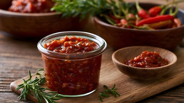 A glass jar filled with chunky red sauce sits on a wooden board  surrounded by fresh rosemary and wooden bowls of ingredients