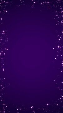 golden glitter shiny stars and golden dust and particles border frame on purple animation, Valentine and holiday christmas and new year vertical social media motion background