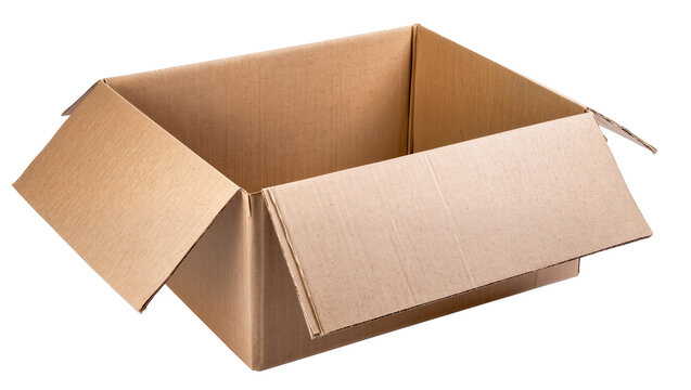 Empty open cardboard box with folded flaps, isolated on transparent background