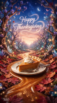 A slice of pumpkin pie with whipped cream, set in a magical forest with glowing flowers and autumn leaves, perfect for Thanksgiving celebration concepts