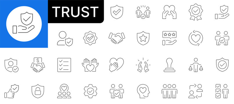 Trust and reliability line icon set. Business guarantee, customer loyalty, security protection and corporate deal outline symbols. Editable stroke.