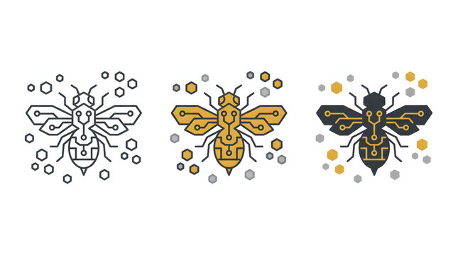 Digital circuit bee icons featuring geometric honeycomb patterns in three styles