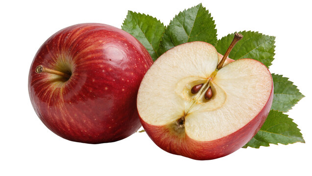 Whole red apple and half apple with seeds and green leaves, isolated on transparent background