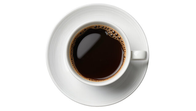White ceramic cup filled with dark hot coffee and foam, isolated on transparent background