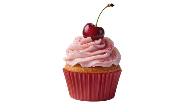 Pink frosted cupcake with cherry and sprinkles, isolated on transparent background