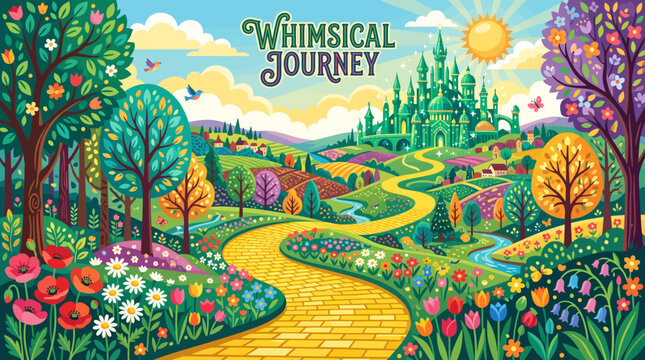 Very beautiful colorful vector of a whimsical yellow brick road winding through colorful countryside toward an emerald fantasy city, surrounded by flowers and trees, no gradients. WHIMSICAL JOURNEY