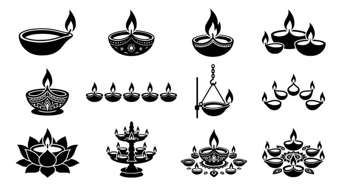 Set of black silhouette diwali oil lamps with decorative patterns and flames for festive