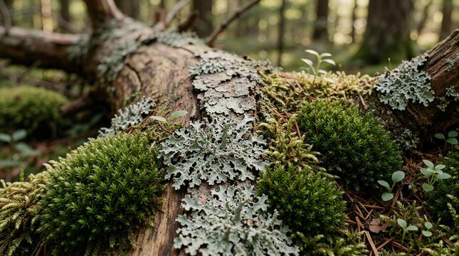 Moss and Lichen Growing Across a Fallen Forest Log