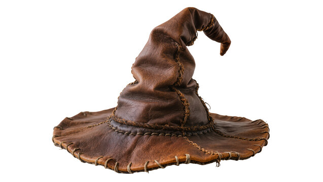 Brown leather wizard hat with stitched seams, isolated on transparent background